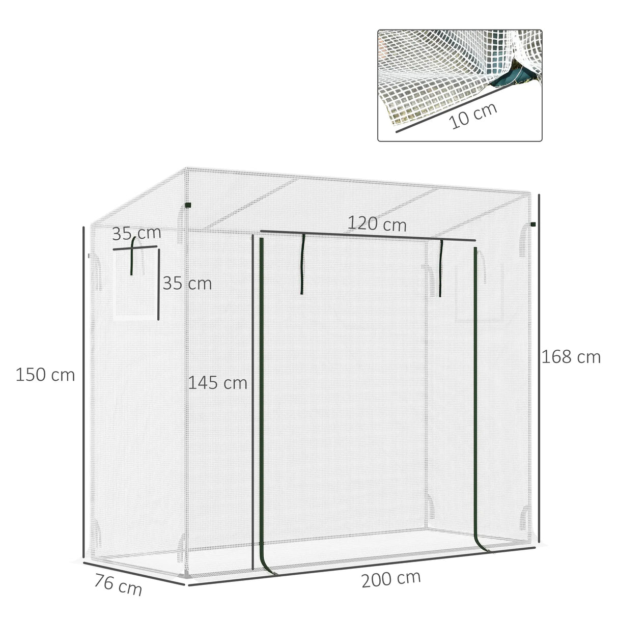 Outsunny Small Walk-in Garden Greenhouse with Steel Frame, Large Roll-up Door and Windows, 200Lx76Wx168Hcm, White