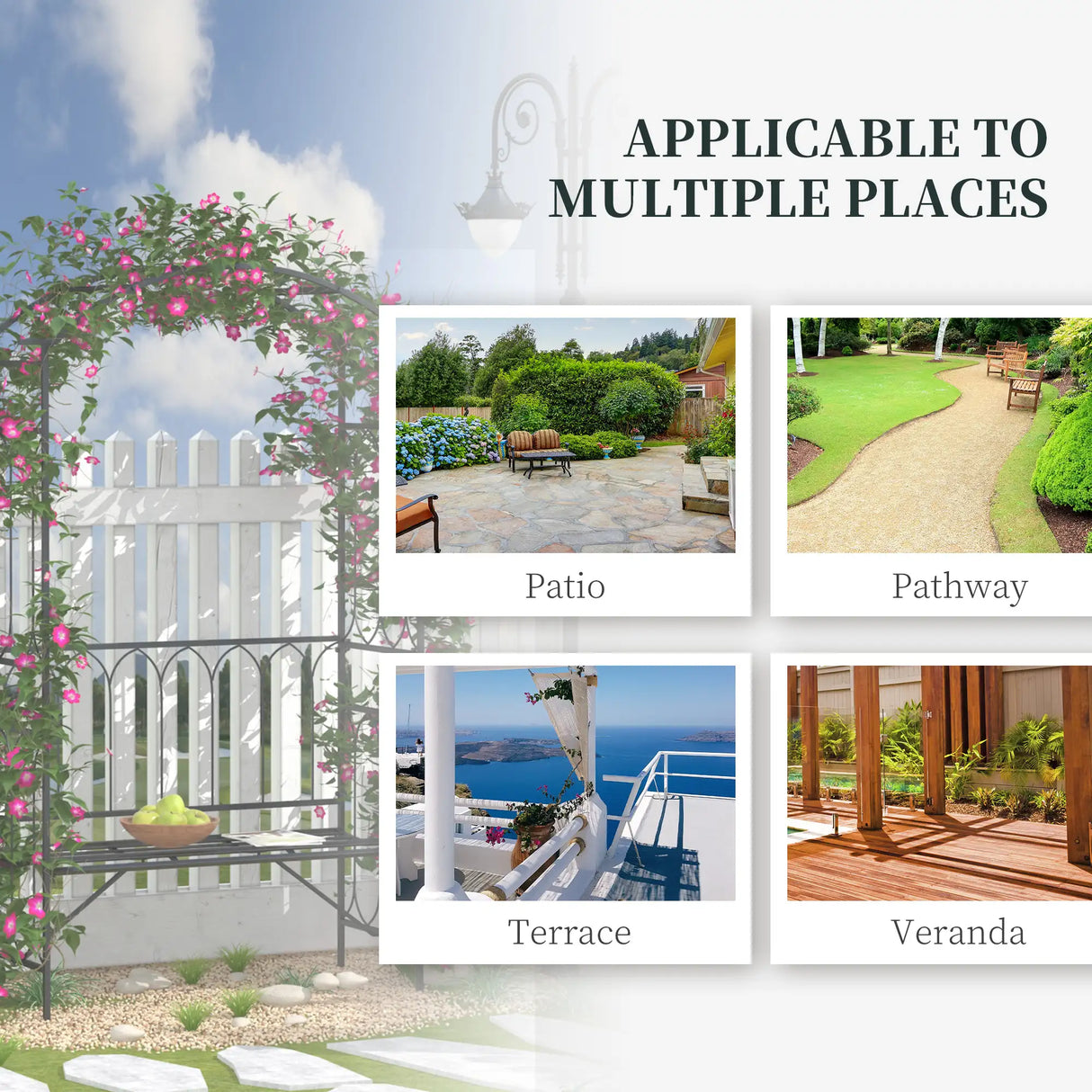 Outsunny Garden Metal Frame Bench W/Arch for Various Climbing Plant, 115Lx50Wx203H cm-Black