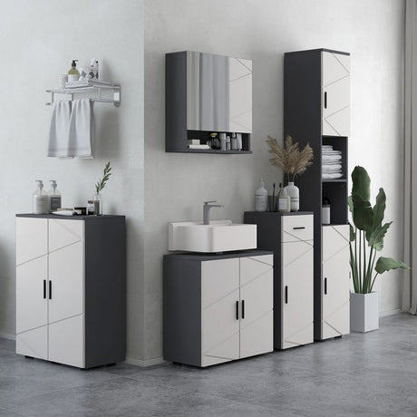 kleankin 5-Piece Bathroom Furniture Set, Bathroom Storage Cabinet with Doors and Shelves, Tall and Small Floor Cabinets, Wall-mounted Mirror Cabinet, Under Sink Cabinet, Grey