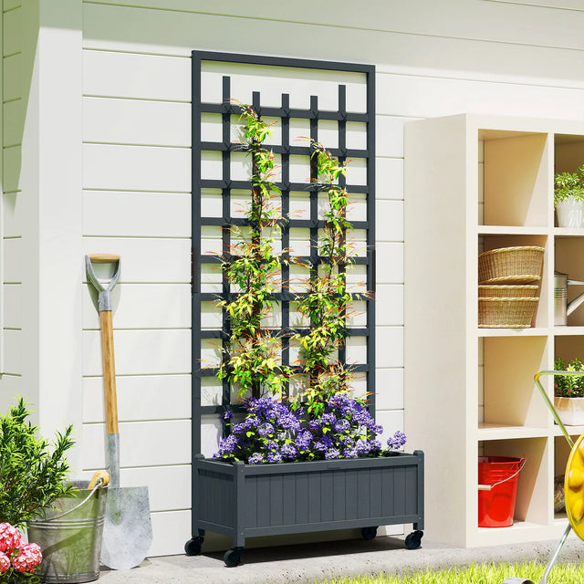 Outsunny Wooden Trellis Planter, Raised Garden Bed with Wheels, to Climb and Grow Vegetables, Herbs and Flowers, Grey