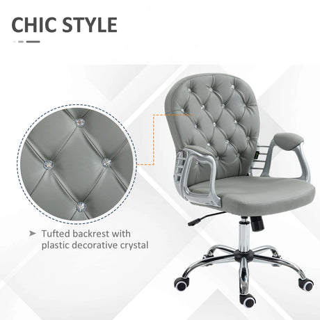 Vinsetto Office Chair Ergonomic 360 Swivel PU Diamante Padded Base 5 Castor Wheels for Home Work Grey