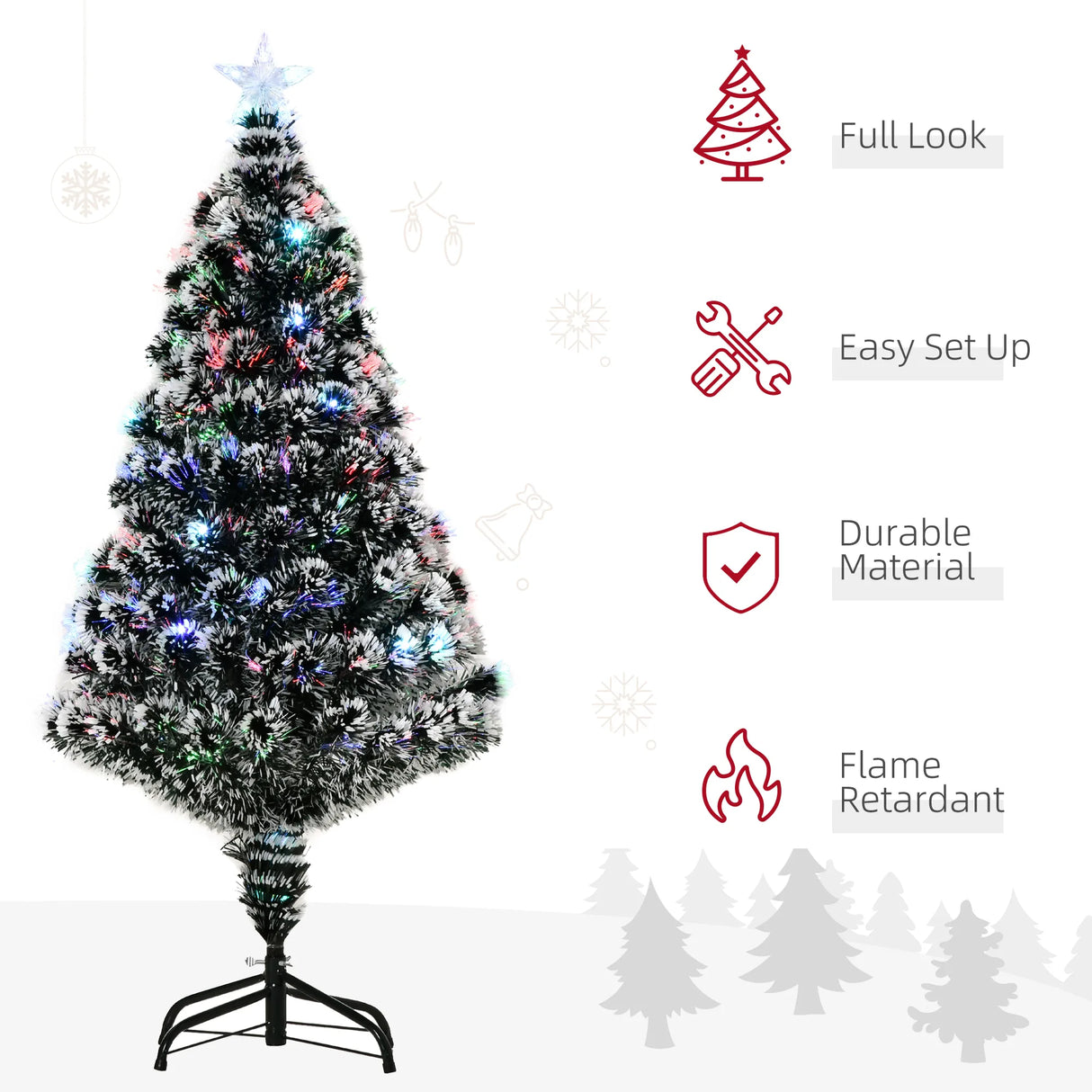 HOMCOM 4ft Artificial Prelit Christmas Tree, Snow Xmas Tree with Colourful LED Lighting Fiber Optics, Green White