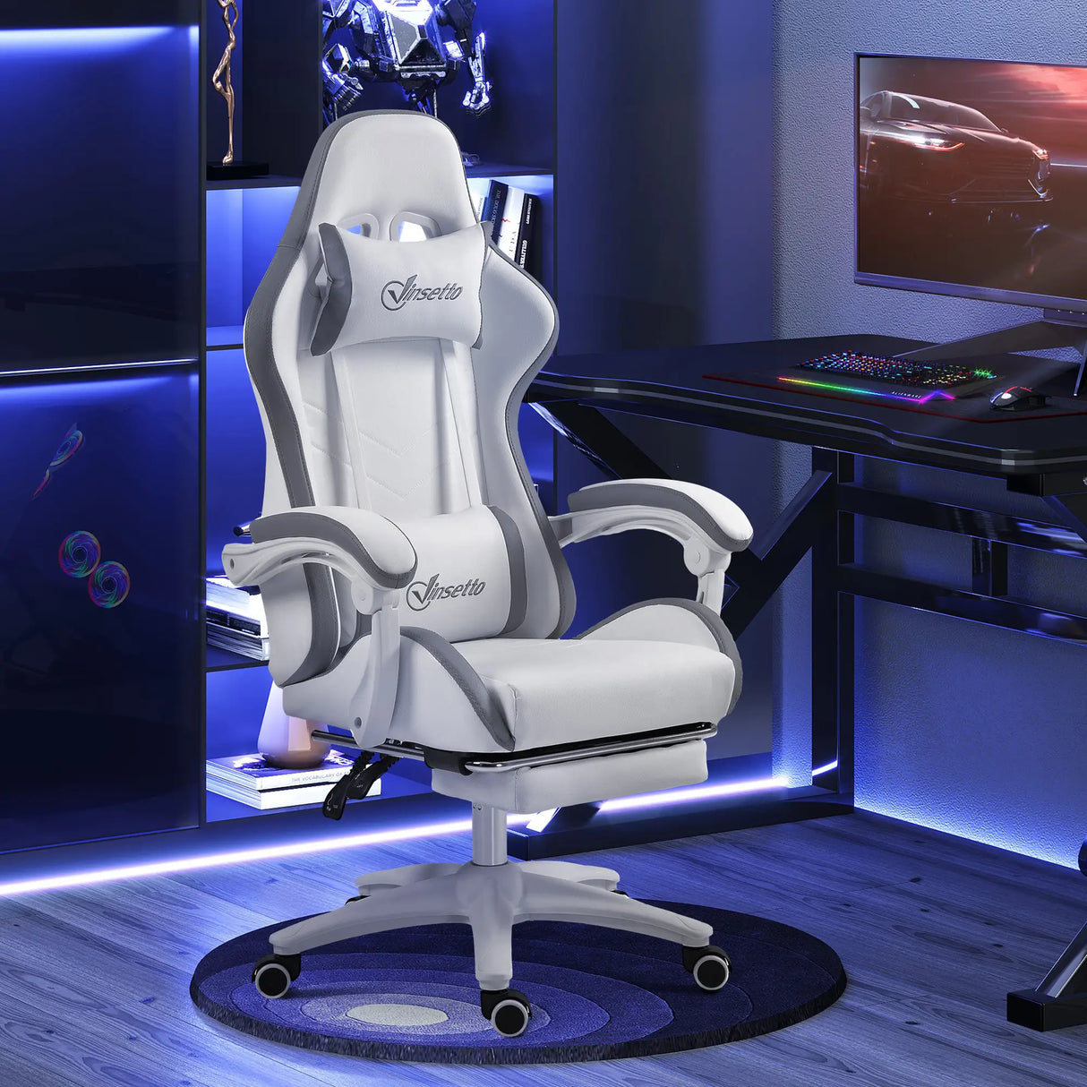 Vinsetto Computer Gaming Chair, PU Leather Desk Chair with Footrest, Swivel Task Chair with 135 Reclining Back and Lumbar Support, PC Chair for Adults, White and Grey