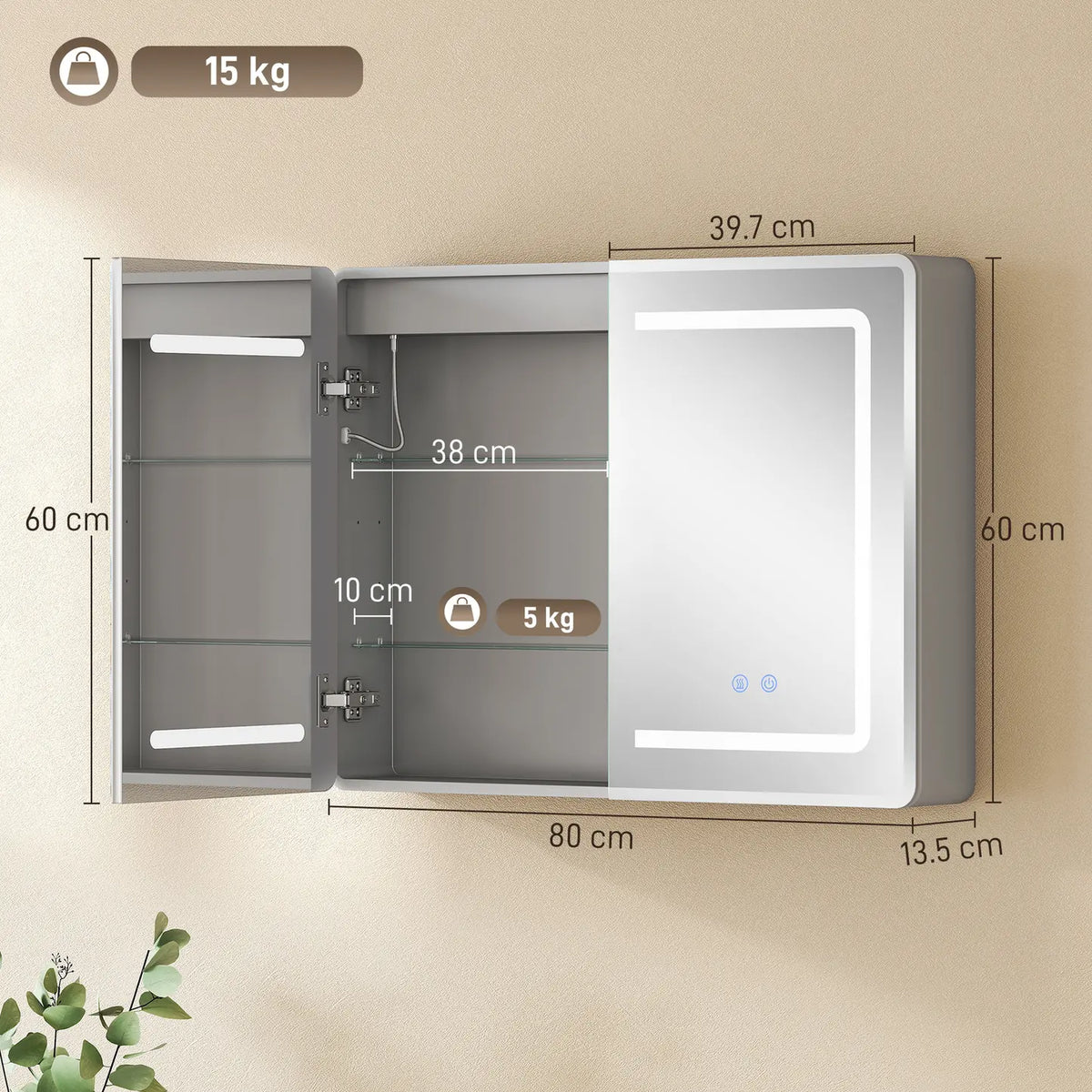 HOMCOM Mirrored Bathroom Cabinet with LED Lights, 60 x 80 cm Bathroom Mirror Cabinet with Anti-Fog, 3 Colour Dimmable Lighting