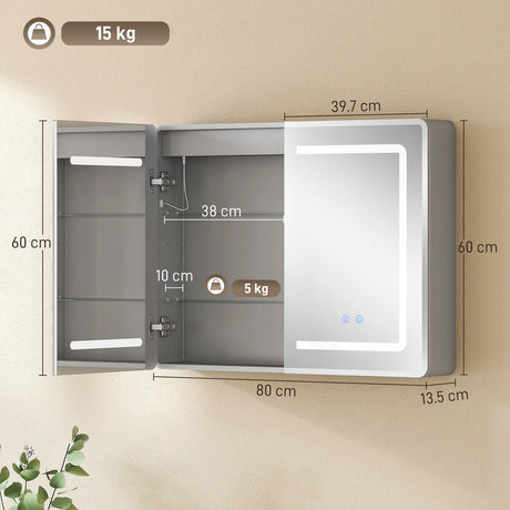 HOMCOM Mirrored Bathroom Cabinet with LED Lights, 60 x 80 cm Bathroom Mirror Cabinet with Anti-Fog, 3 Colour Dimmable Lighting