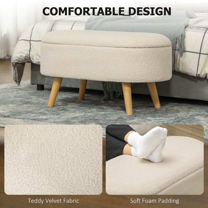 HOMCOM Teddy Fleece Storage Ottoman - Cream White