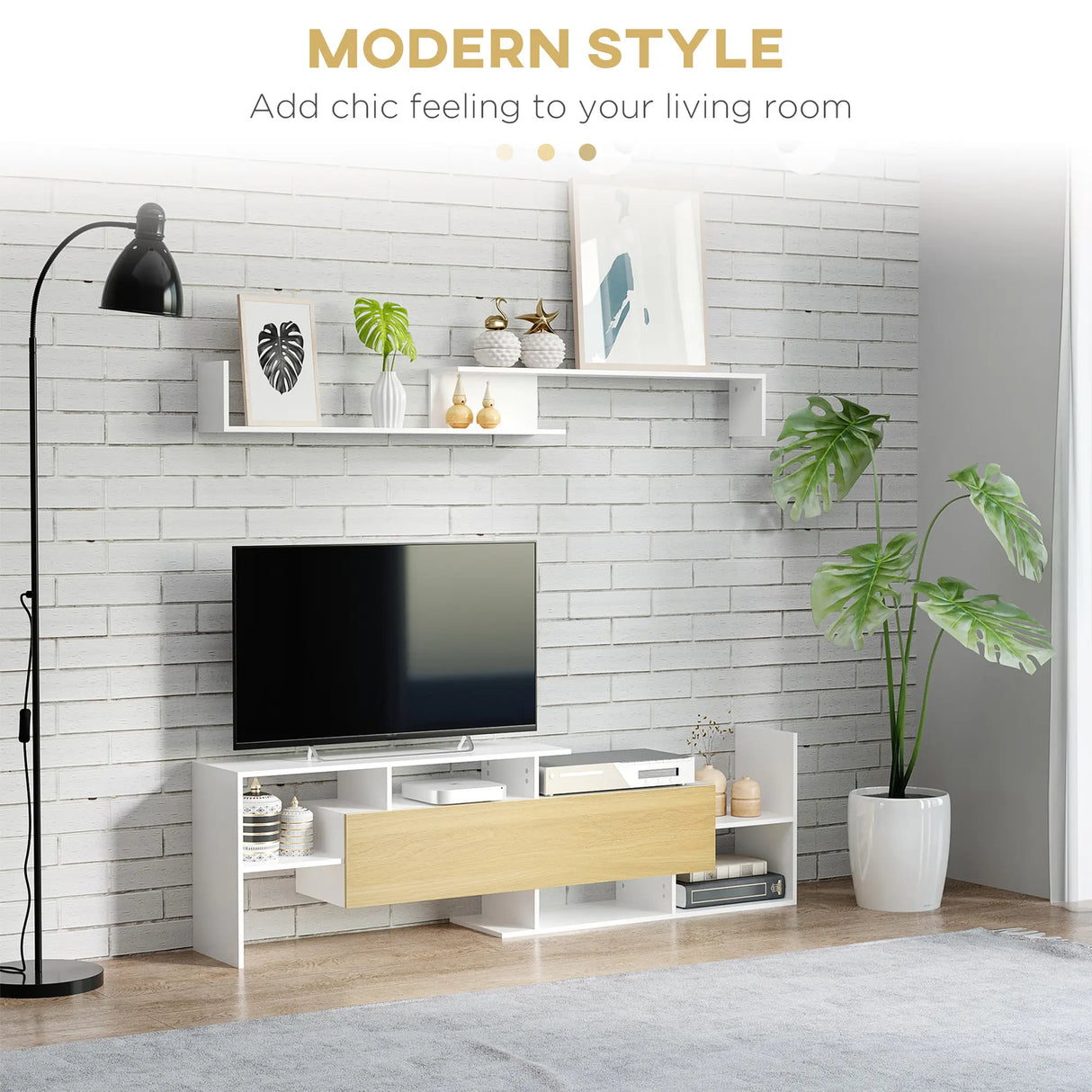 HOMCOM TV Cabinet with Wall Shelf for Wall-Mounted 65" TVs or Standing 40" TVs - White and Natural