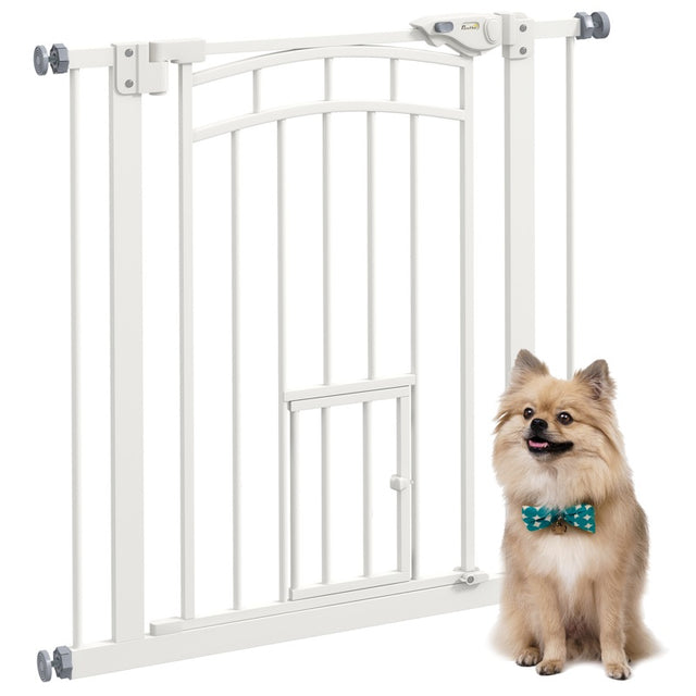 PawHut Pressure Fit Stair Gate, Dog Gate w/ Small Cat Door, Auto Closing System, Double Locking Openings, 74-80cm - White