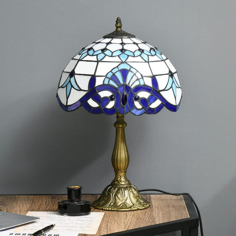 HOMCOM Stained Glass Table Lamp, Handmade Antique Bedside Lamp for Bedroom, Living room, Home, Nightstand, Decorative Night Light, Blue