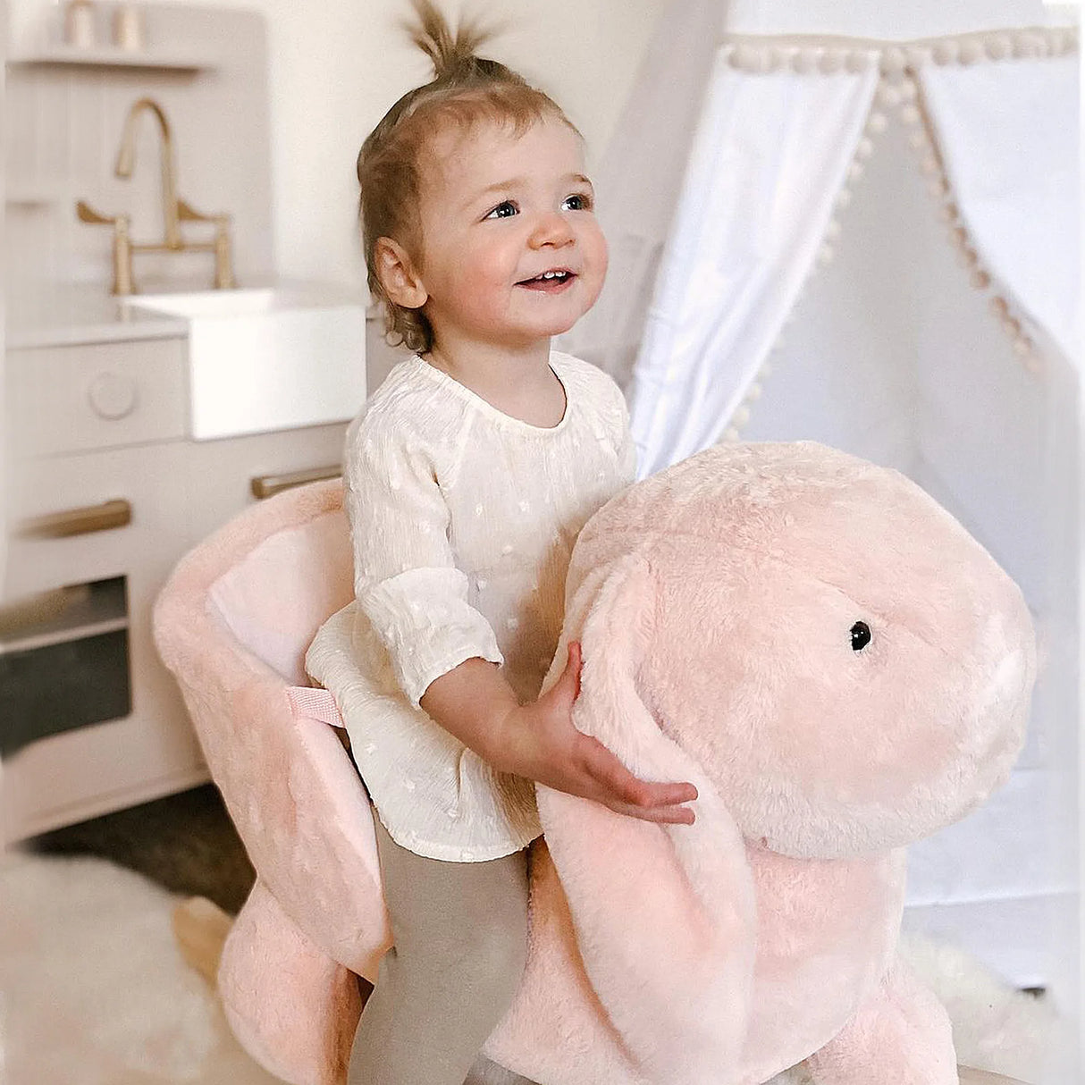HOMCOM Kids Rocking Rabbit, Plush Rocking Horse Ride-On w/ Sound, Wood Base, Seatbelt, for Ages 18-36 Months, Pink