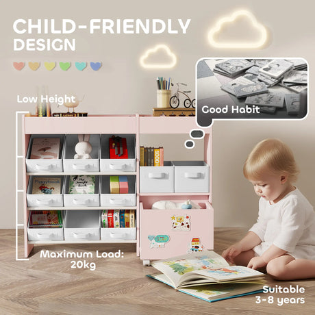 AIYAPLAY Kids Toy Storage Unit with 11 Bins, Cabinet, Top Shelves, 3 Stickers, for Nursery, Playroom, Pink