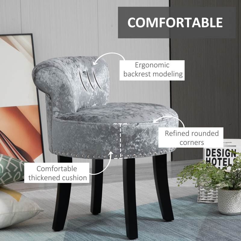 HOMCOM Dressing Table Stool with Rubber Wood Legs, Ice Velvet Vanity Stool for Living Room Bedroom, Grey