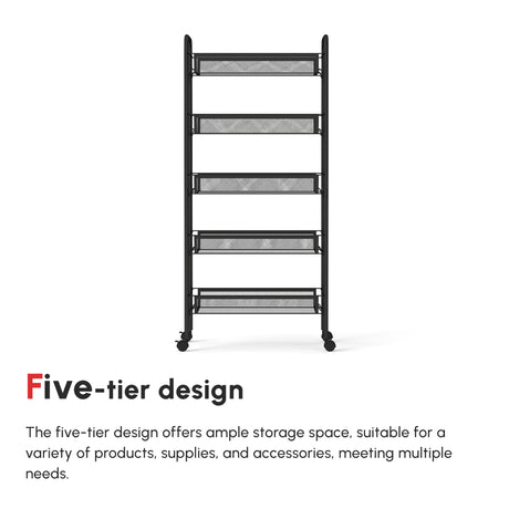 HOMCOM Five-Steel Mesh Basket Storage Trolley, with Wheels - Black