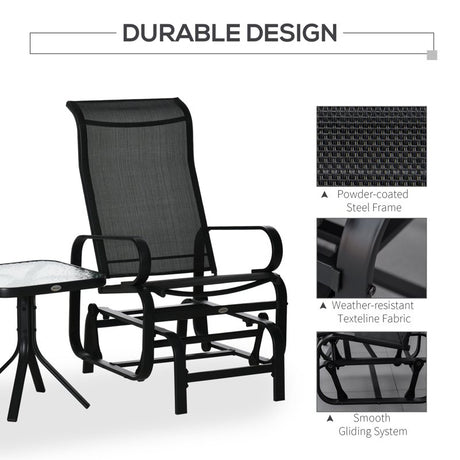 Outsunny 3 Pieces Garden Gliding Chair Set, Metal Frame 2 Single Armchair Swing Seater and 1 Glass Top Coffee Table w/ Breath Mesh Fabric Seat, Black