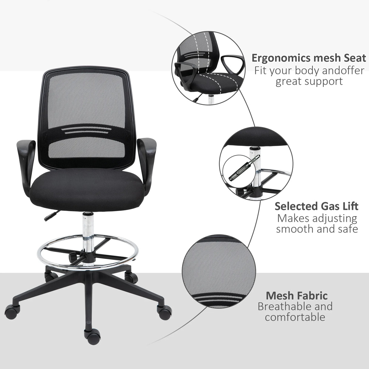 Vinsetto Ergonomic Mesh Back Drafting Chair, Tall Office Chair, Draughtsman Chair with Adjustable Height and Footrest 360 Swivel, Set of 5