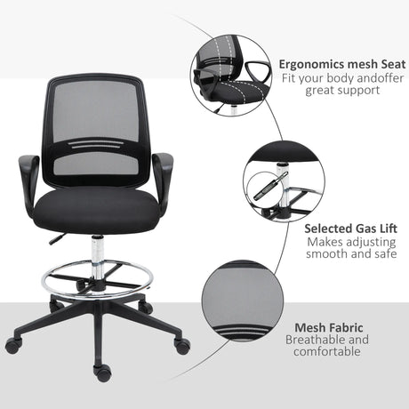 Vinsetto Ergonomic Mesh Back Drafting Chair, Tall Office Chair, Draughtsman Chair with Adjustable Height and Footrest 360 Swivel, Set of 5