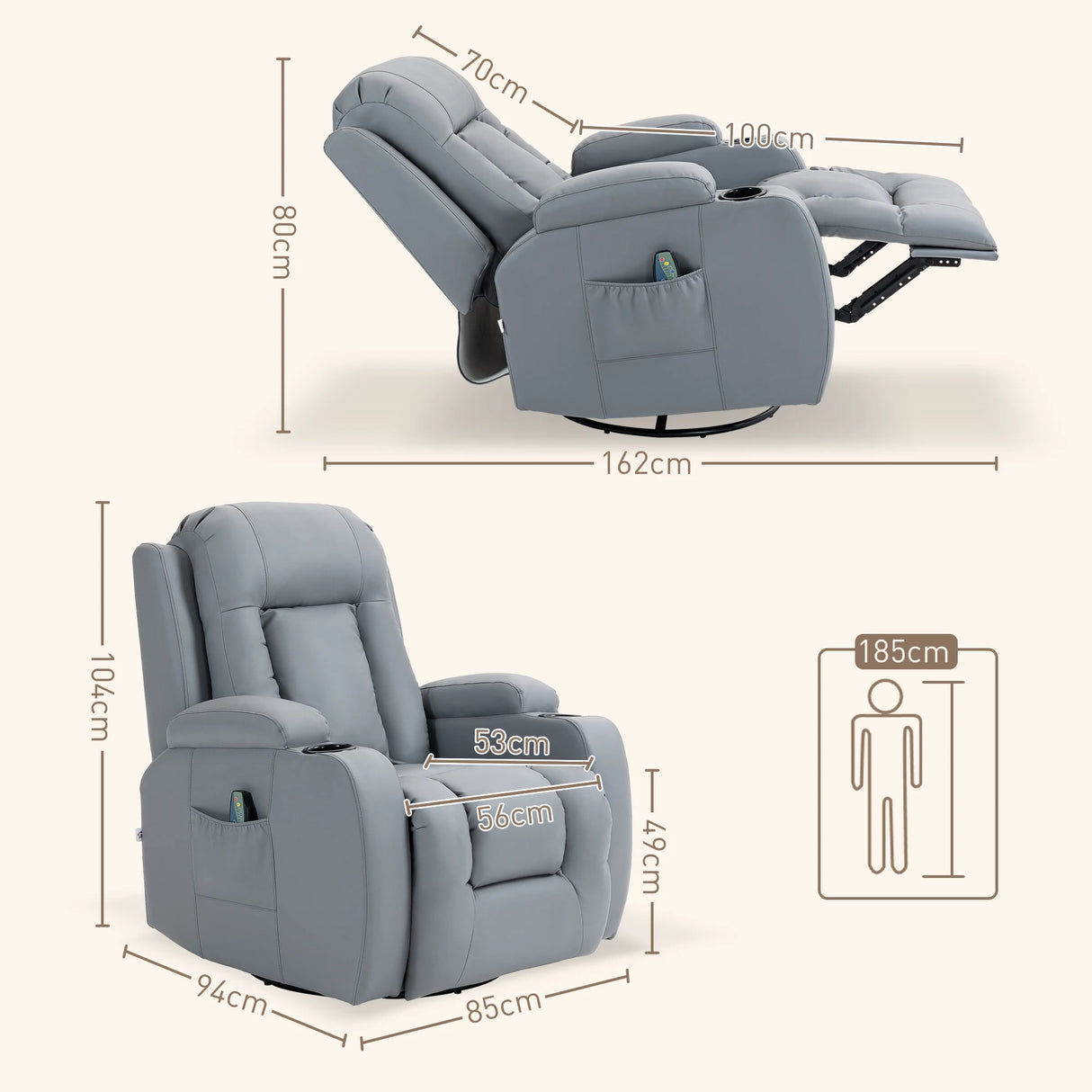 HOMCOM Massage Recliner Chair with 8 Vibration & Heat, PU Leather Recliner Armchair with Cup Holders and Side Pockets, Manual Reclining Chair with Remote, 360 Swivel, Rocking, Light Grey