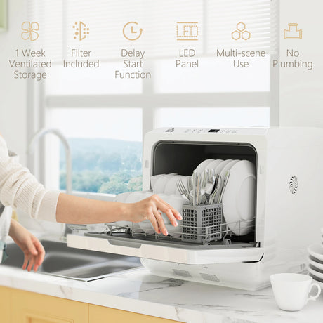 HOMCOM Table Top Dishwasher with Built-in 6L Water Tank, Mini Countertop Dishwasher with 6 Programs, 4 Place Settings, White