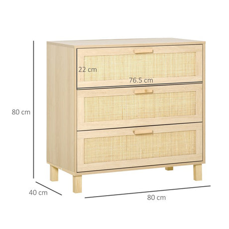 HOMCOM Rattan Bedroom Chest of Drawers, 3 Drawers Storage Unit, Boho Dresser for Living Room, Hallway, Natural