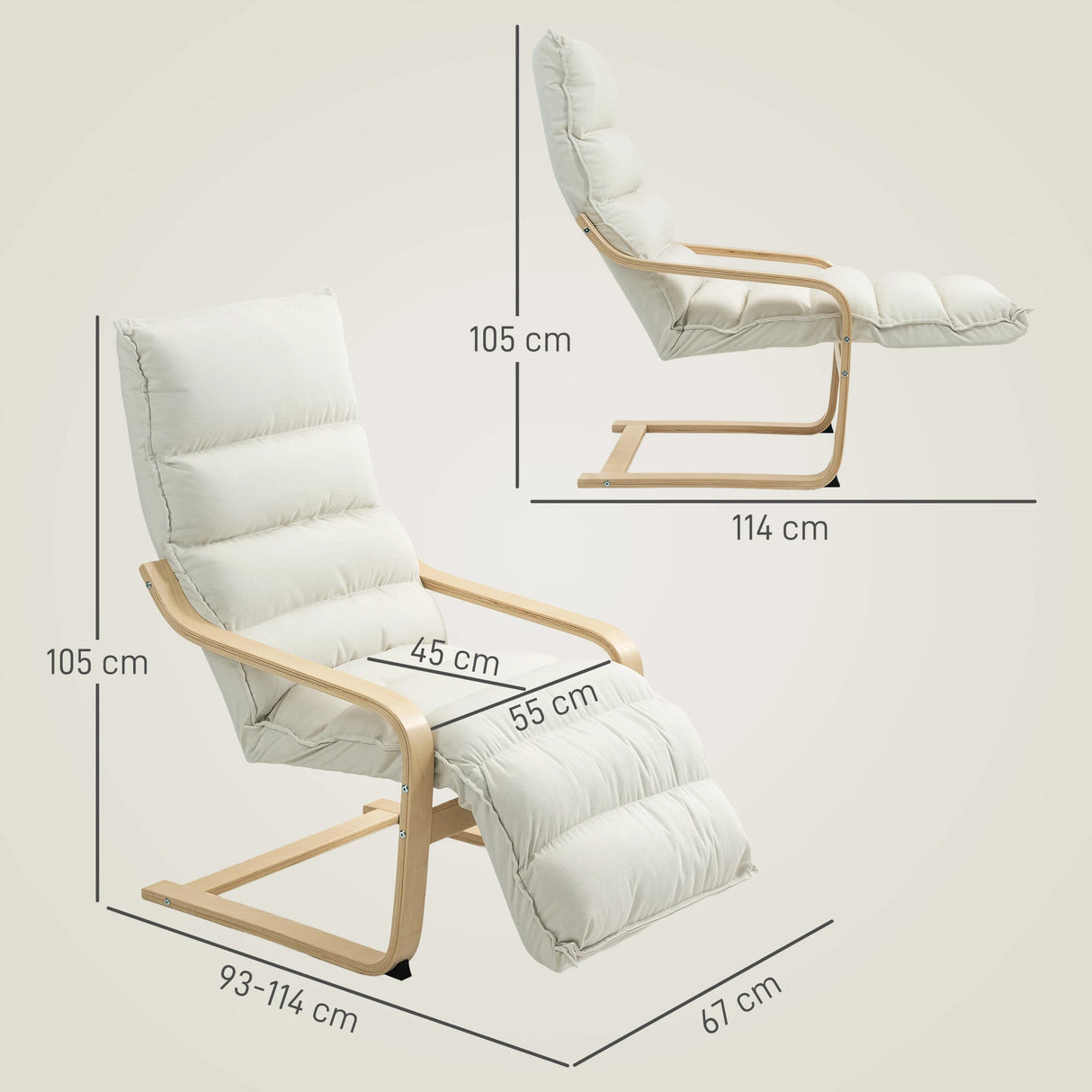 HOMCOM Curved Wooden Accent Chair, with Adjustable Footrest - Cream White
