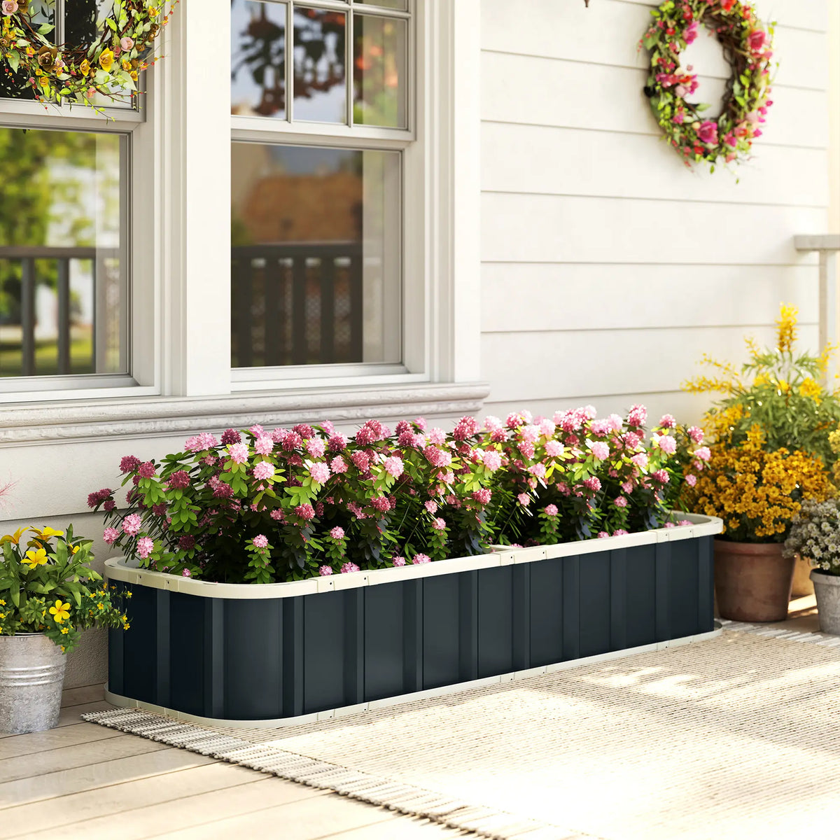 Outsunny Galvanised Raised Garden Bed, 5 x 2 x 1 ft Metal Planter with Gloves and Folded Edging, Dark Grey