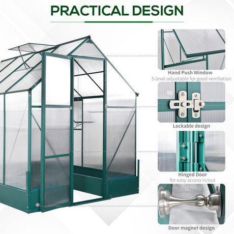 Outsunny 6x8 FT Polycarbonate Greenhouse with Base and Raised Bed, Walk-in Greenhouse with Aluminium Frame, Temperature Controlled Window, Foundation for Plants, Flowers, Vegetable