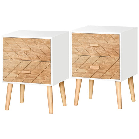 HOMCOM 2 Drawers Bedside Table with Pine Legs, Bedroom Wooden Storage Cabinet, Set of 2, Natural