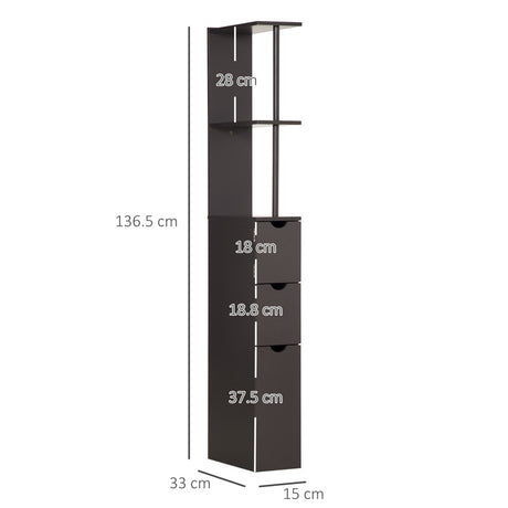 HOMCOM Tall Bathroom Cabinet, Freestanding Bathroom Storage Cabinet with 2-Tier Shelf and Drawers, Narrow Cupboard Storage Unit, Brown