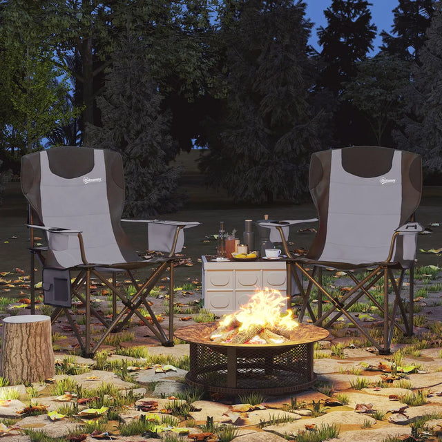 Outsunny Set of 2 Folding Camping Chairs, Padded Camping Chairs with Adjustable Armrests, Portable & Lightweight Folding Camp Chair with Cooler Bag, Cup Holder and Side Pockets, Grey