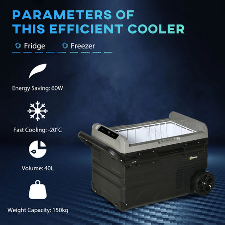 Outsunny 40L Car Refrigerator, Portable Compressor Cooler Box, Fridge Freezer w/ Inner LED Light, Foldable Handles, Cup Holders, 12/24V DC and 110-240V AC for Campervan RV Boat Travel Down to -20