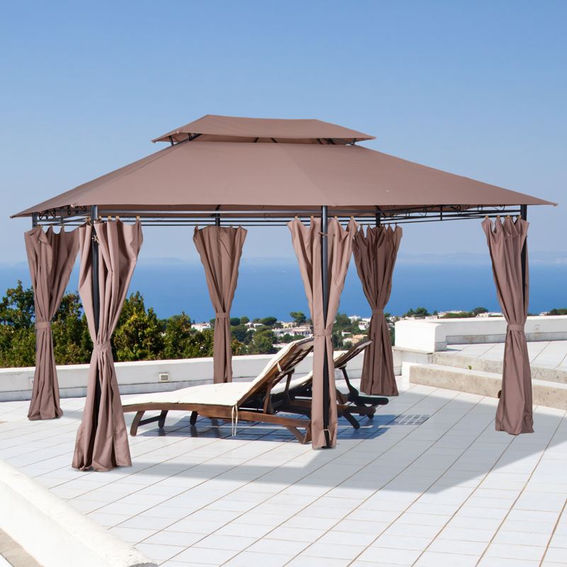 Outsunny 4m x 3(m)Garden Gazebo, Double Roof Outdoor Gazebo Canopy Shelter with Curtains, Solid Steel Frame for Lawn and Deck, Brown