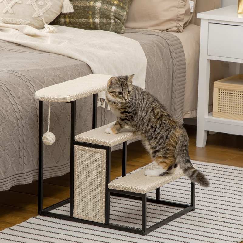 PawHut Three-Step Pet Stairs, with Sisal Scratching Board, Toy Hanging Ball, Steel Frame