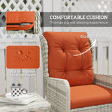 Outsunny 5 Pieces Rattan Bistro Set with Adjustable Back, Reclining Wicker Balcony Furniture with Cushions, Glass Top Coffee Table and Footstools, Outdoor Table and Chairs, Orange