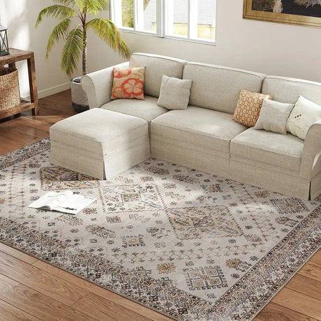 HOMCOM Vintage Area Rug, Non-Slip Washable Rug, Flannel Floor Carpet for Living Room, Bedroom, Dining Room, Home Office, 290 x 200 cm, Beige