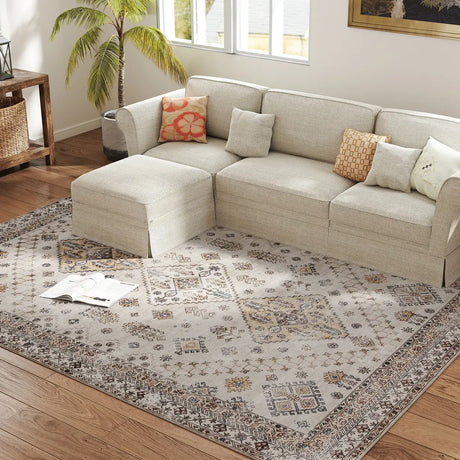 HOMCOM Vintage Area Rug, Non-Slip Washable Rug, Flannel Floor Carpet for Living Room, Bedroom, Dining Room, Home Office, 290 x 200 cm, Beige