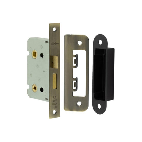 Jedo Kontrax Bathroom locks with Square Forend & Radiused Strike Plate 65mm Antique Brass