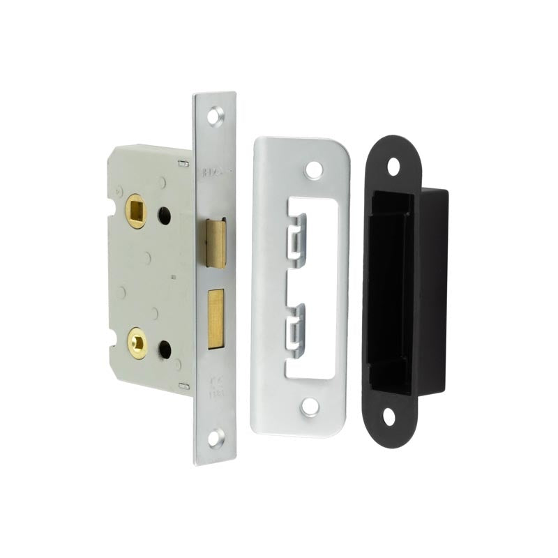 Jedo Kontrax Bathroom locks with Square Forend & Radiused Strike Plate 65mm Satin Nickel