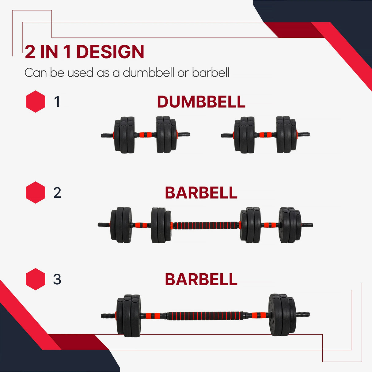 HOMCOM 25kg 2 IN 1 Adjustable Dumbbells Weight Set, Dumbbell Hand Weight Barbell for Body Fitness, Lifting Training for Home, Office, Gym, Black