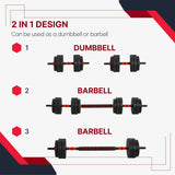 HOMCOM 25kg 2 IN 1 Adjustable Dumbbells Weight Set, Dumbbell Hand Weight Barbell for Body Fitness, Lifting Training for Home, Office, Gym, Black