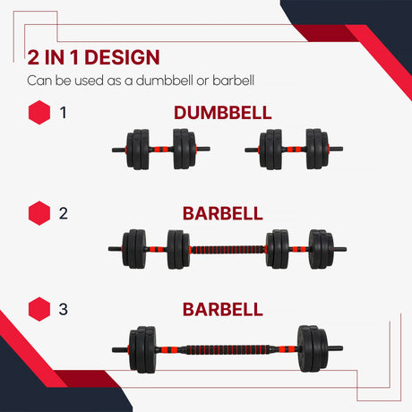 HOMCOM 25kg 2 IN 1 Adjustable Dumbbells Weight Set, Dumbbell Hand Weight Barbell for Body Fitness, Lifting Training for Home, Office, Gym, Black