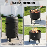 Outsunny 3-in-1 Vertical Charcoal Smoker with 2 Grill Grates, Built-in Thermometer, Adjustable Vent, 2 Doors