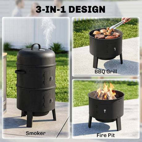 Outsunny 3-in-1 Vertical Charcoal Smoker with 2 Grill Grates, Built-in Thermometer, Adjustable Vent, 2 Doors