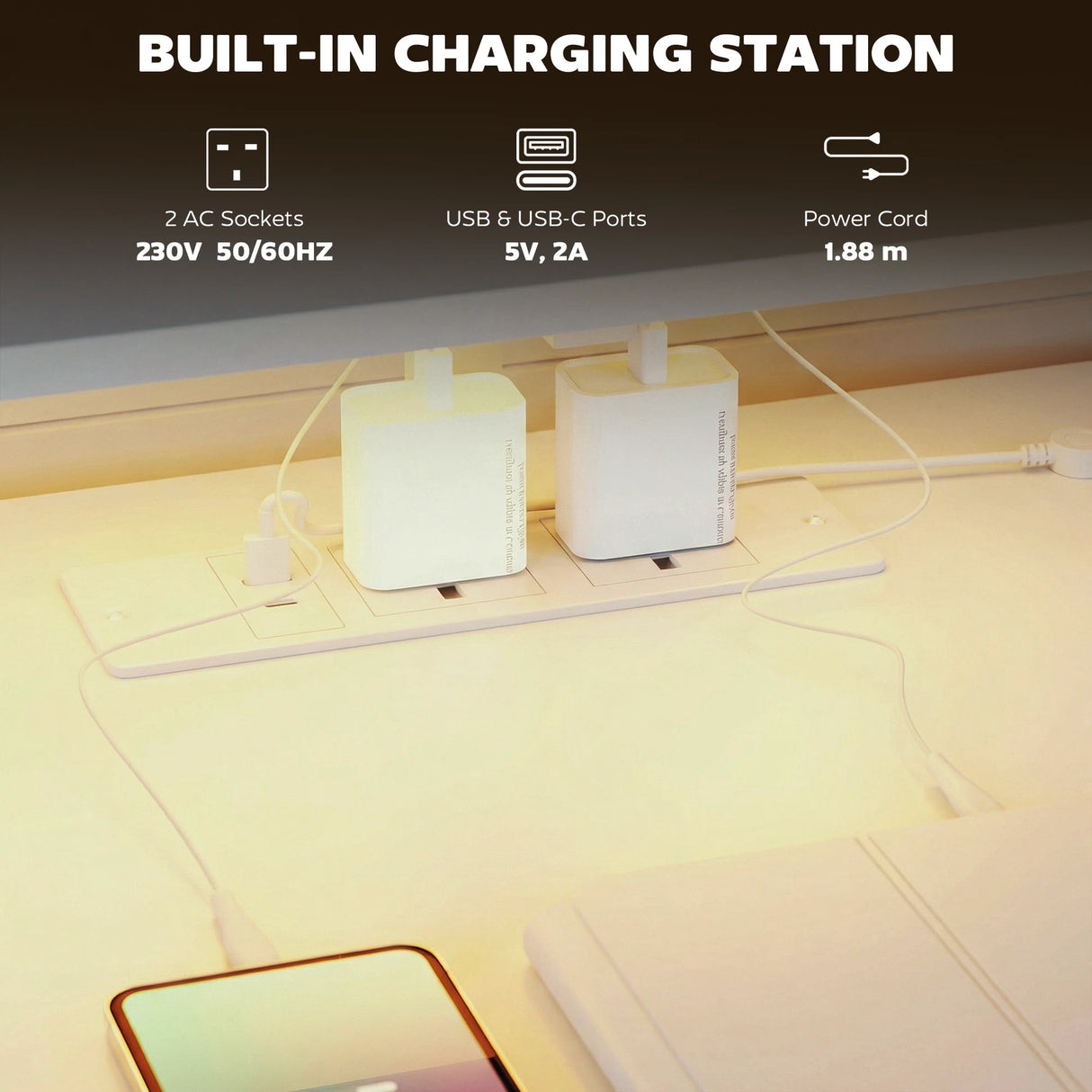 HOMCOM 147cm Gaming Desk with Charging Station and Monitor Stand, Computer Table for Home Office with RGB Lights, White