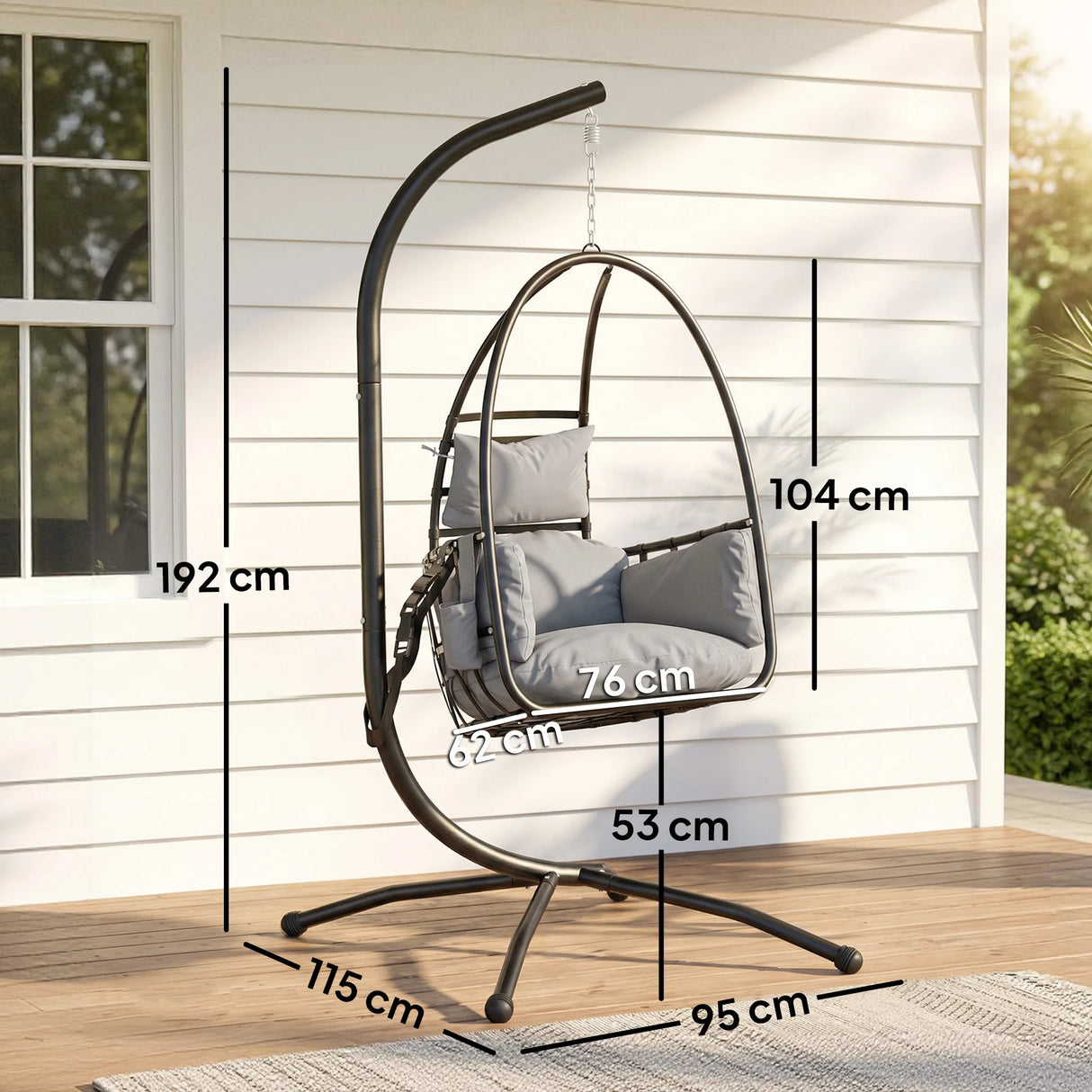 Outsunny Hanging Egg Chair, Indoor Outdoor Swinging Hammock Chair with Stand, Foldable Basket, Side Pocket, Dark Grey