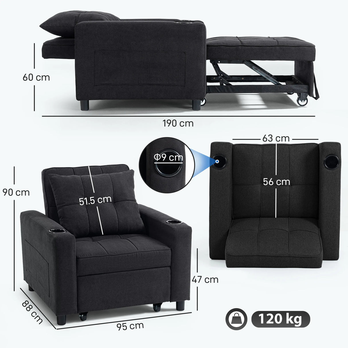 HOMCOM 3-in-1 Single Sofa Bed, Convertible Sleeper Chair Bed - Black