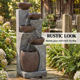 Outsunny Outdoor Fountain with 5-Tier, Garden Fountain with LED Lights, Adjustable Flow, Grey and Rustic Brown