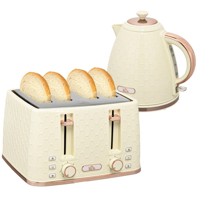 HOMCOM Kettle and Toaster Set, 1.7L 3000W Fast Boil Jug Kettle with Auto Shut Off, 4 Slice Toaster with 7 Level Browning Controls & Crumb Tray, Beige