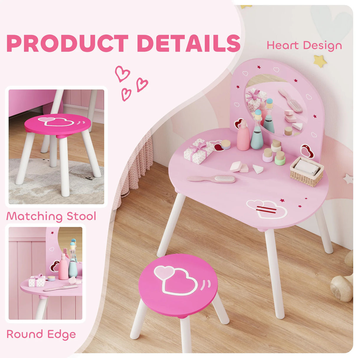 AIYAPLAY Kids Dressing Table with Mirror and Stool, Girls Vanity Set for Kids Room, Bedroom, Nursery, for Ages 36 Years, Pink