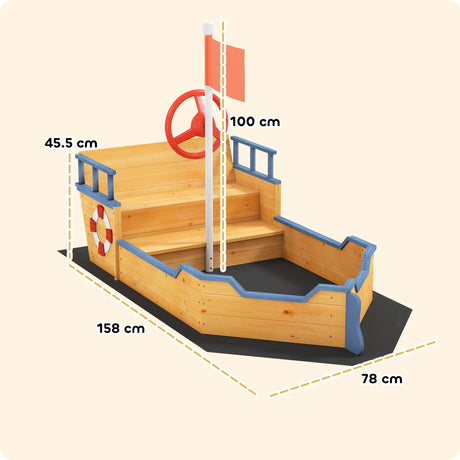 Outsunny Sand pit Kids Children Sandpit Wooden Pirate Ship Sandboat Outdoor Backyard Playset w/Bench Bottom Liner