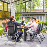 Outsunny Garden Dining Table for 6 with Parasol Hole, Rectangle Outdoor Garden Table with Slatted Metal Top, Steel Frame, Black